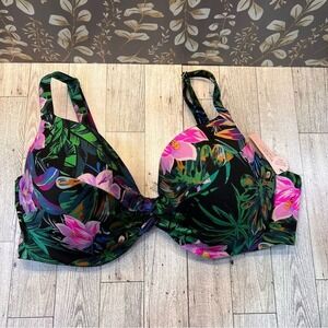 Victoria Secret 38D ICON Push Up‎ Bikini Top Underwire Black Tropical Palm Print